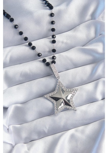 Bfs Gümüş Renk Siyah Boncuk Zirkon Taşlı Pirinç Yıldız Model Vip Seri Kadın Kolye