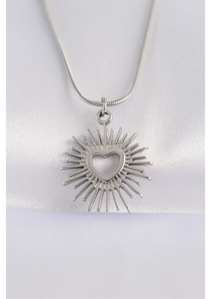 Bfs 316L Çelik Zincir Gümüş Renk Kalp Güneşi Tasarımlı Kolye