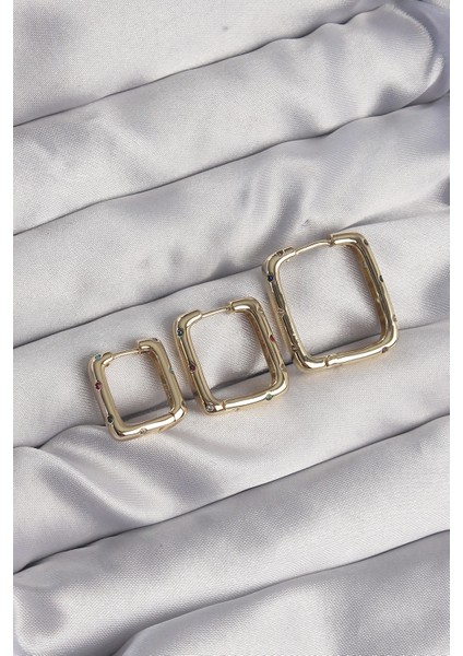 Bfs Pirinç Gold Renk Renkli Zirkon Taşlı Kare Model Küpe Seti