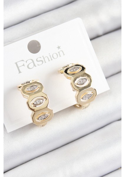 Bfs Pirinç Zirkon Taşlı Damla Figürlü Halka Model Gold Renk Kadın Küpe