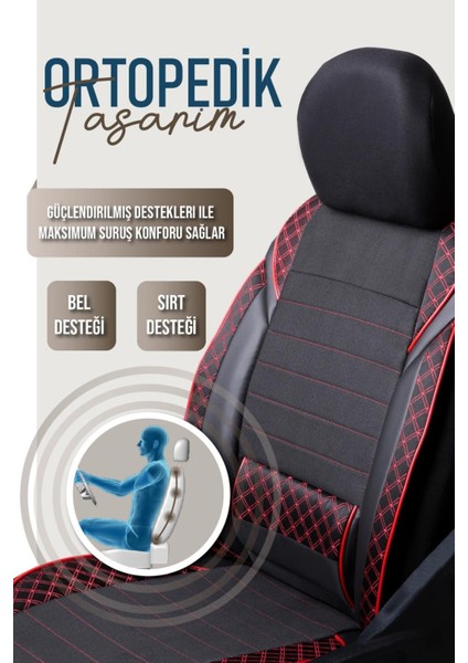 Peugeot 206 Uyumlu Yarı Deri Oto Koltuk Kılıfı Ön/arka Set Neta Seri Siyah-Kırmızı