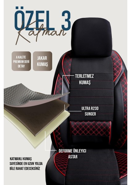 Seat Cordoba Uyumlu Yarı Deri Oto Koltuk Kılıfı Ön/arka Set Neta Seri Siyah-Kırmızı