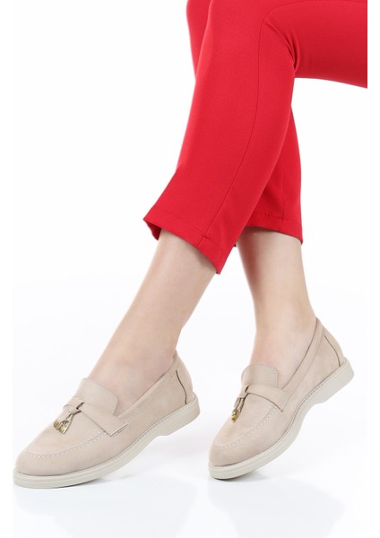 Kadın Bej Süet Loafer Babet Ayakkabı Klasik Ayakkabı Günlük Ayakkabı Şık Zarif Rahat Ayakkabı