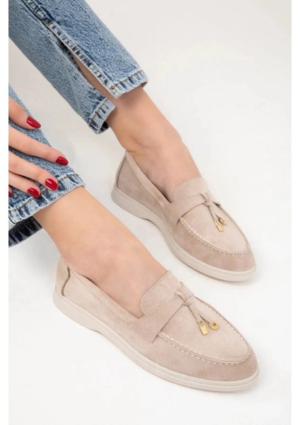 Kadın Bej Süet Loafer Babet Ayakkabı Klasik Ayakkabı Günlük Ayakkabı Şık Zarif Rahat Ayakkabı indirimleri