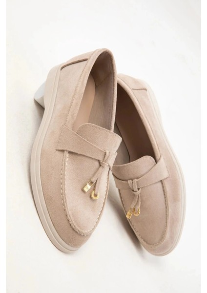 Kadın Bej Süet Loafer Babet Ayakkabı Klasik Ayakkabı Günlük Ayakkabı Şık Zarif Rahat Ayakkabı