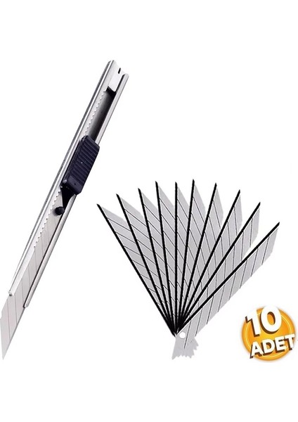 1 Adet Ince Metal Gövdeli Maket Bıçağı Cep Tipi Mini Ince Falçata 10LU Yedek Uçlu Set