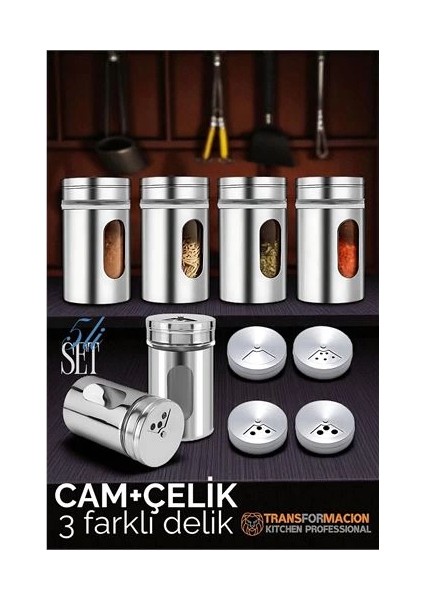 Bfs Cam+Çelik Tuzluk Biberlik Karabiberlik 3 Farklı Delikli 5 Li Set