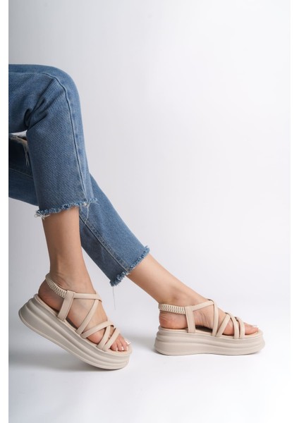 Bella Lastikli Şerit Detaylı Ortopedik Taban Kadın Sandalet Ckt - Krem