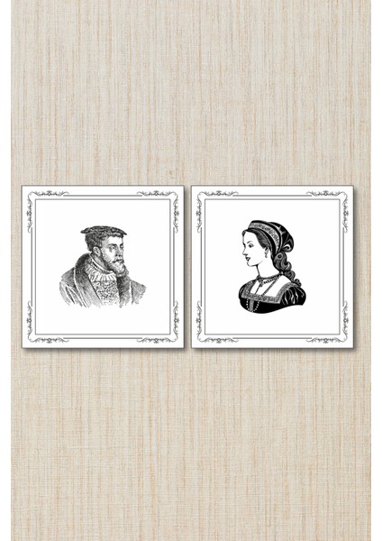 Timeless Pair – 2’li Gravür Duvar Dekoru Seti (35 × 35 cm Klasik Kadın ve Erkek Portre)