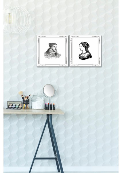 Timeless Pair – 2’li Gravür Duvar Dekoru Seti (35 × 35 cm Klasik Kadın ve Erkek Portre) indirimleri