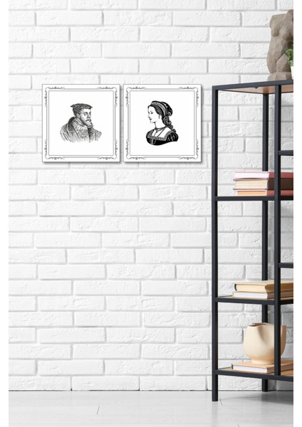 Timeless Pair – 2’li Gravür Duvar Dekoru Seti (35 × 35 cm Klasik Kadın ve Erkek Portre)