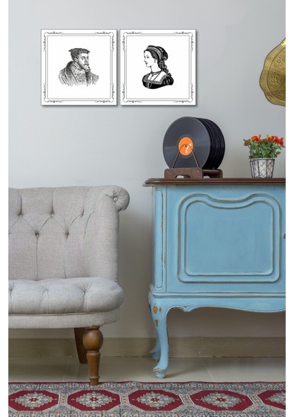 Timeless Pair – 2’li Gravür Duvar Dekoru Seti (35 × 35 cm Klasik Kadın ve Erkek Portre)