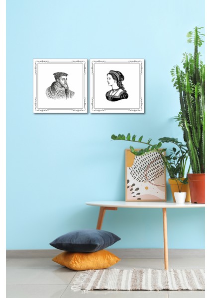 Timeless Pair – 2’li Gravür Duvar Dekoru Seti (35 × 35 cm Klasik Kadın ve Erkek Portre)