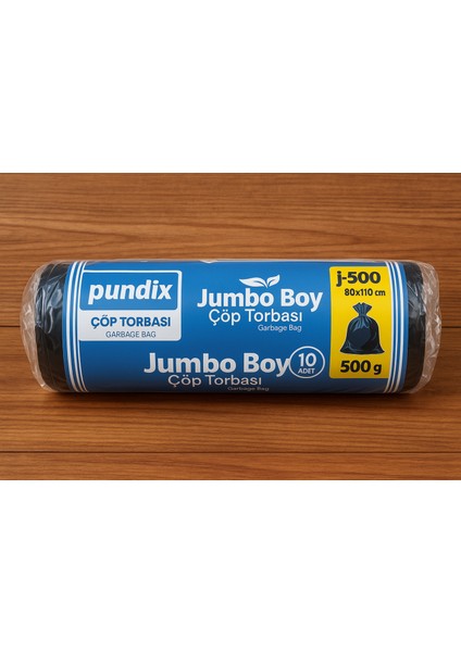 Pundıx J500 Kalın Jumbo Boy Çöp Torbası 80X110 cm – 1 Rulo (10 Adet) – 500 G – Çift Kat 55 Mikron Dayanıklı Siyah Poşet