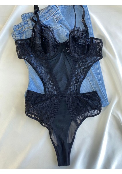 Kadın Siyah Dantelli Transparan Body Bodysuit Fantezi Iç Çamaşır