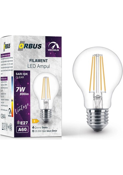 2 Adet Orbus Dim Edilir LED Filament Ampul A60 7 Watt 700LM E27 Sarı Işık fiyatları