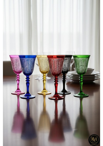 El Yapımı Kristal Yaprak Rengarenk Dekoratif Sunumluk Kadeh Seti 6'lı