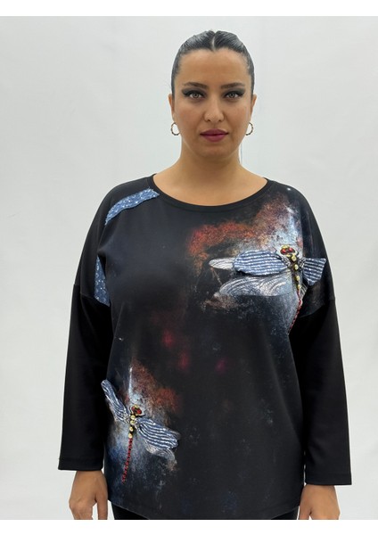 Büyük Beden Motifli Payet Detay Geniş Kalıp Kışlık Kadın Bluz