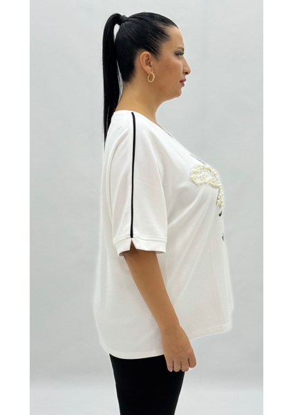 Büyük Beden Arı Motifli Taşlı Inci Detaylı Oversize Kısa Kol Kadın Tişört indirimleri