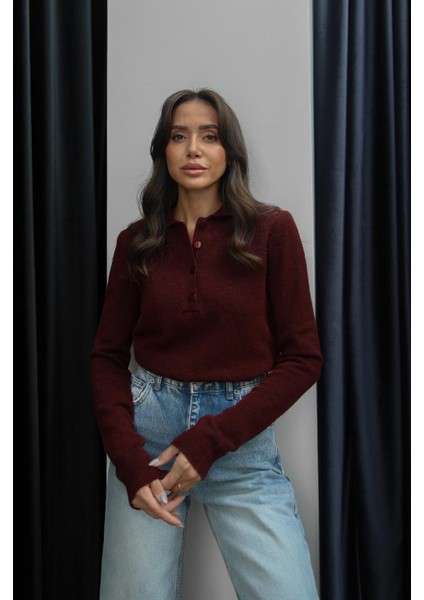 Bordo Dufva Polo Yaka Yumuşak Dokulu Kazak