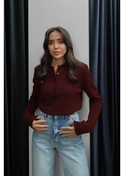 Bordo Dufva Polo Yaka Yumuşak Dokulu Kazak fiyatları