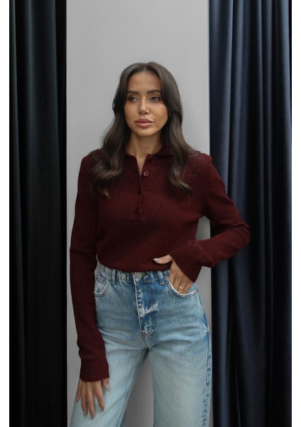 Bordo Dufva Polo Yaka Yumuşak Dokulu Kazak modelleri