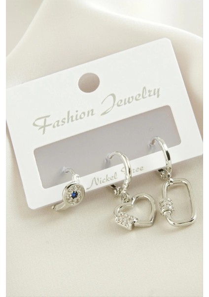 3 Adet Kalp Zirkon Taşlı Küpe