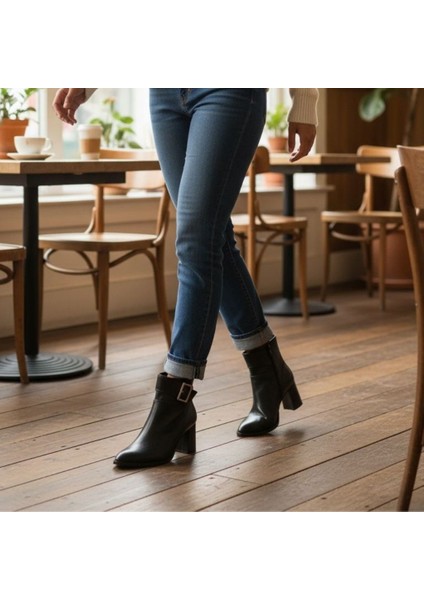 Siyah Hakiki Deri Geniş Tokalı Sivri Burunlu Kadın Kalın Topuklu Bot fırsatları