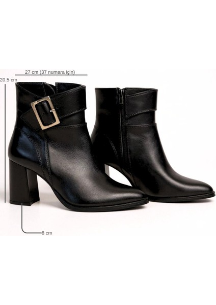Siyah Hakiki Deri Geniş Tokalı Sivri Burunlu Kadın Kalın Topuklu Bot indirimleri