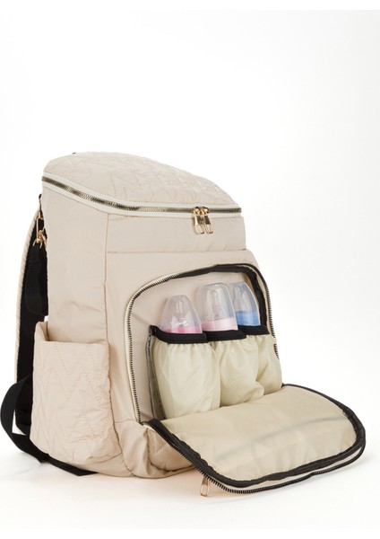 Nakışlı Bondit Hafif Kumaş Anne Bebek Bakım Çantası Termoslu Biberon Cepleri