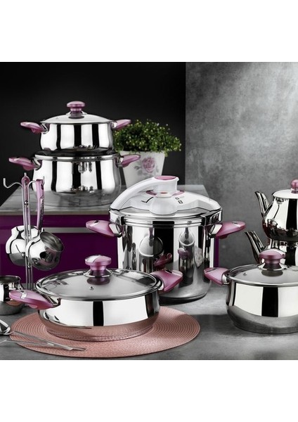 18 Parça Çelik Hiper Set Şeker Pembe - Çeyizlik Çelik Tencere Seti