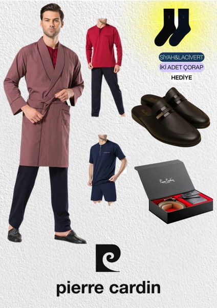 Erkek 5 Parça Robdöşambr & Uzun - Kısa Kollu Takım & Deri Terlik & Hakiki Deri Kemer Cüzdan Set