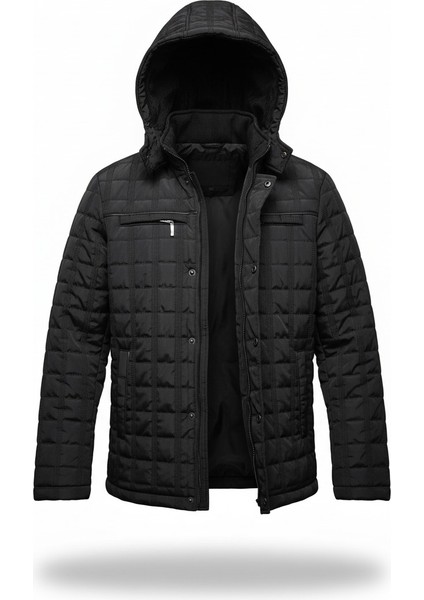 Erkek Siyah Kapüşonlu Içi Kürklü Şişme Su Itici Rüzgar Geçirmez Mont