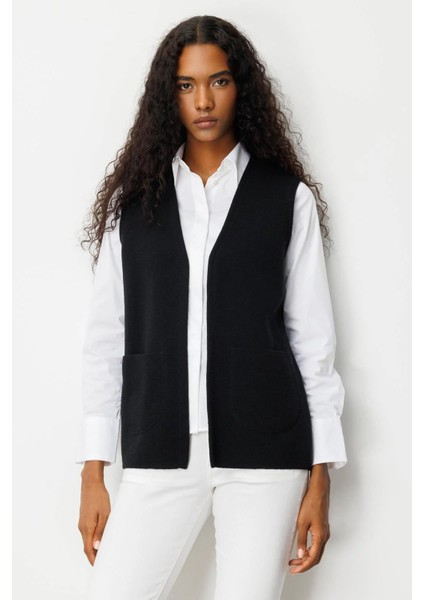 Kadın V Yaka Çelik Örgü Yün Anne Yelek 25044 Siyah