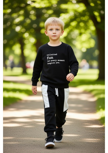 Erkek Çocuk Slogan Baskılı Uzun Kollu Üst ve Eşofman Altı Takımı Kaliteli Şık Rahat