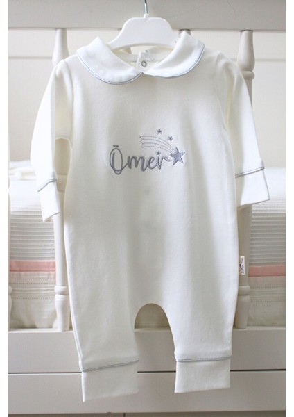 Gümüş Isim Nakışlı 6 Parça Yenidoğan Set %100 Pamuk Tulum Battaniye Şapka Puset Örtü Yastık Eldiven