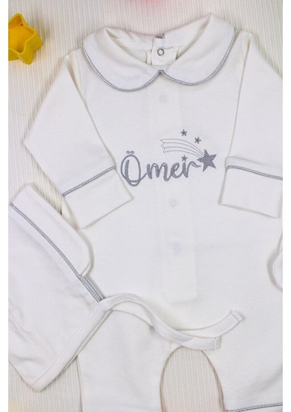 Gümüş Isim Nakışlı 6 Parça Yenidoğan Set %100 Pamuk Tulum Battaniye Şapka Puset Örtü Yastık Eldiven modelleri