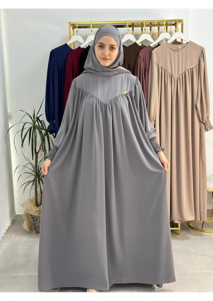 Tesettür Elbise,önü V Model Büzgülü,sufle Esarpla Takım.hijap ,khimar.hac Umre Için Uygundur Gri
