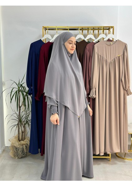 Tesettür Elbise,önü V Model Büzgülü,sufle Esarpla Takım.hijap ,khimar.hac Umre Için Uygundur Gri modelleri