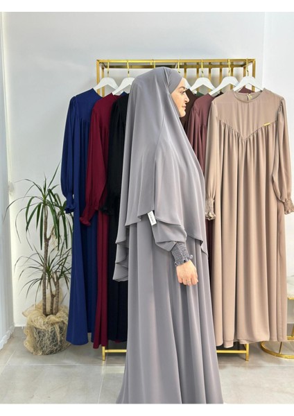 Tesettür Elbise,önü V Model Büzgülü,sufle Esarpla Takım.hijap ,khimar.hac Umre Için Uygundur Gri fırsatları