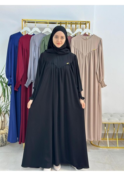 Tesettür Elbise,önü V Model Büzgülü,sufle Esarpla Takım.hijap ,khimar.hac Umre Için Uygundur Siyah