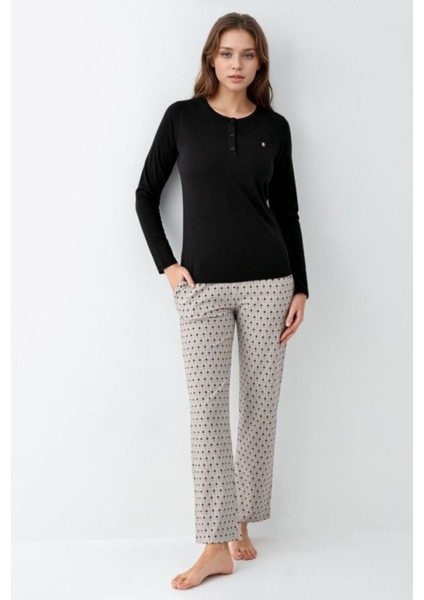 Kadın Giyim Düğme Detaylı Modal & Pamuk Uzun Kol 2'li Siyah Pijama Takımı L1.PC.9102.001 modelleri