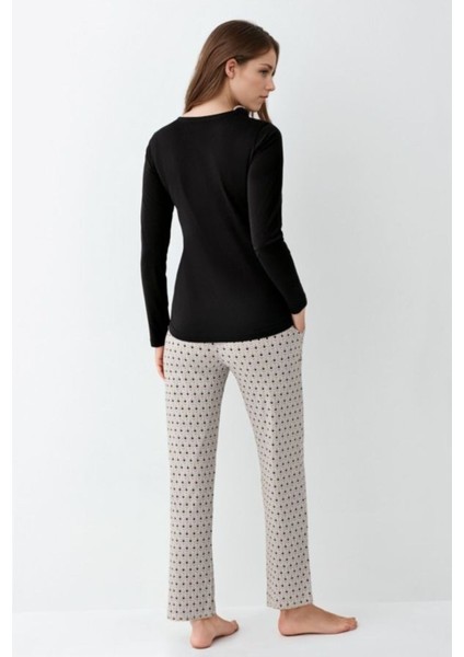 Kadın Giyim Düğme Detaylı Modal & Pamuk Uzun Kol 2'li Siyah Pijama Takımı L1.PC.9102.001 fırsatları