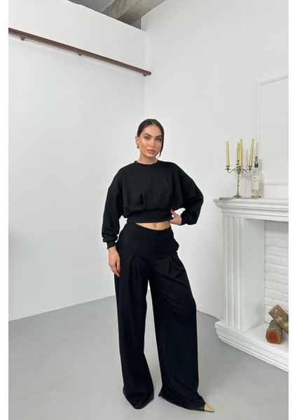 Kadın Dikiş Detaylı Crop Sweat Bol Paça Eşofman Altı Modal Kumaş Ikili Takım NBNP017