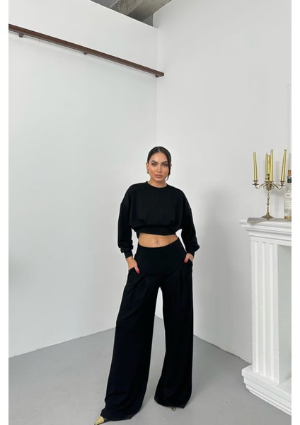 Kadın Dikiş Detaylı Crop Sweat Bol Paça Eşofman Altı Modal Kumaş Ikili Takım NBNP017 fiyatları