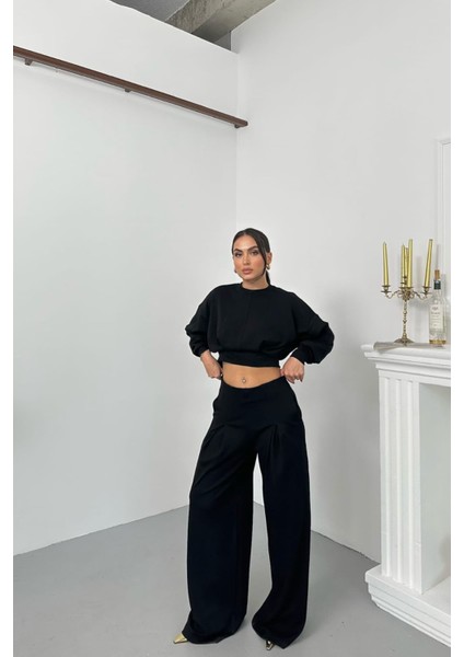 Kadın Dikiş Detaylı Crop Sweat Bol Paça Eşofman Altı Modal Kumaş Ikili Takım NBNP017 modelleri