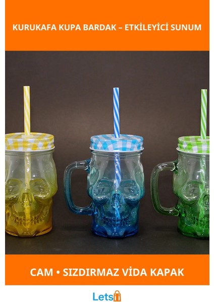 Şık Cam Kurukafa Kupa Bardak Pipetli Sızdırmaz