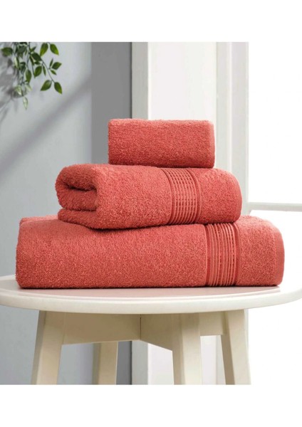 3 Lü Banyo Havlusu Seti Pamuklu Ritim Kiremit