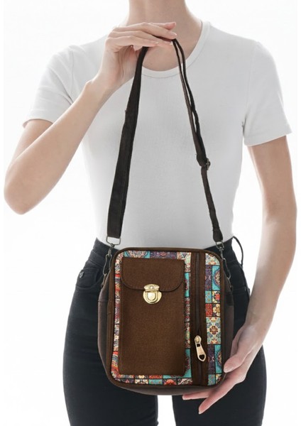 Iran Işi El Yapımı Etnik Desenli Süet Kahve Bohem Askılı Omuz Çantası