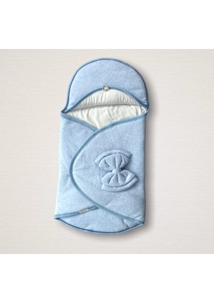 Litaetrend Yenidoğan Düğme Detaylı Çizgi Efektli Çift Fiyonk Klasik Kundak Bebek Battaniyesi Mavi